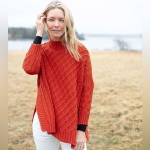 Mer Sea The Lisbon Traveler Coral orange mock neck cable knit one size
